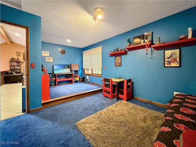 recreation room featuring baseboards, lofted ceiling with beams, and carpet