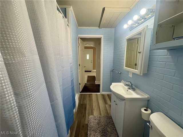 bathroom with vanity, toilet, and wood finished floors