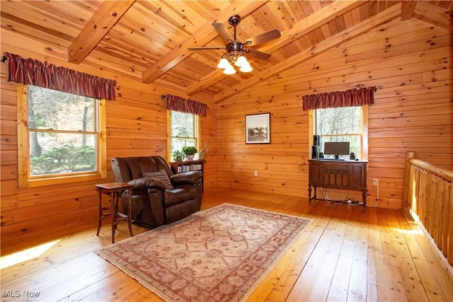 living area featuring wooden walls, wooden ceiling, vaulted ceiling with beams, and light wood-type flooring