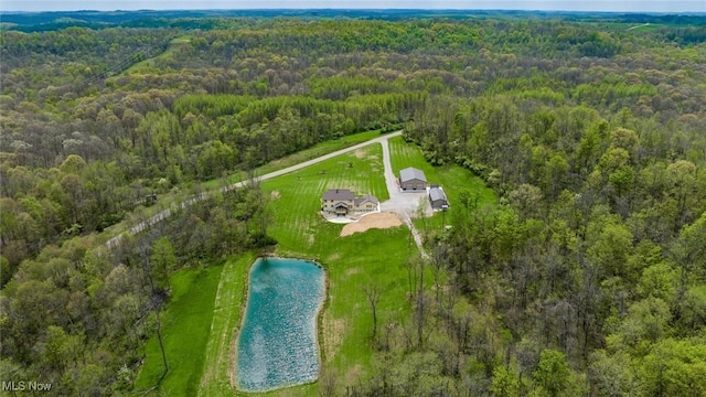 drone / aerial view featuring a water view and a view of trees