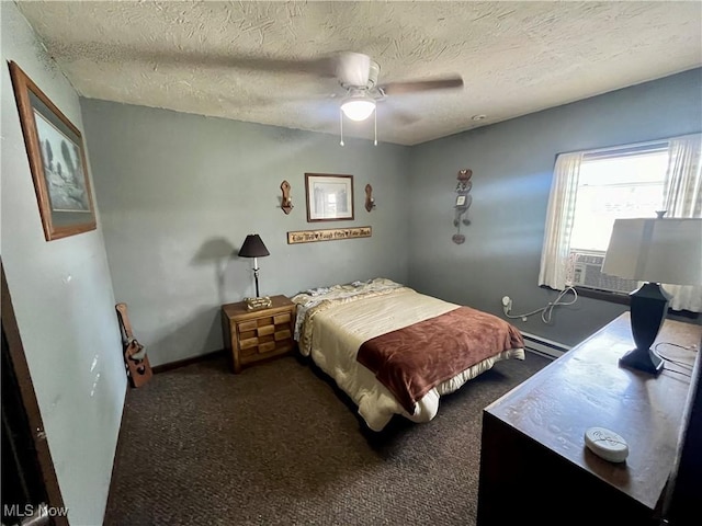 621 Grant St Rear, Rear, Mcmechen, WV 26040 - bedroom with ceiling fan, baseboard heating, a textured ceiling, cooling unit, and carpet