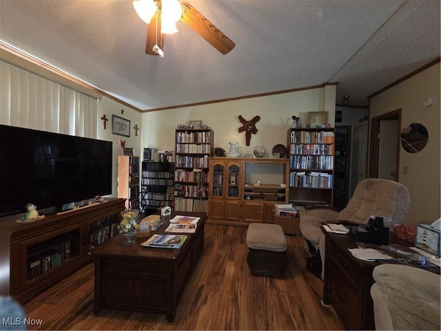 living area with crown molding, a textured ceiling, ceiling fan, and wood finished floors