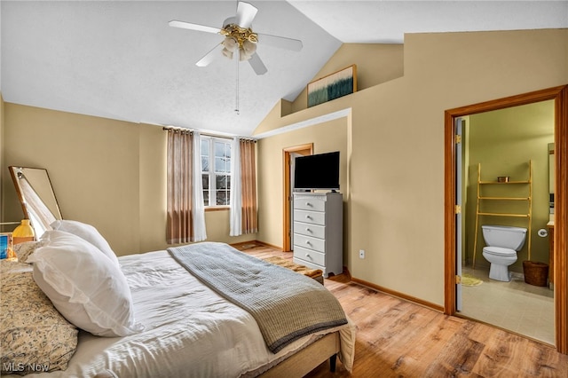 bedroom with a ceiling fan, high vaulted ceiling, baseboards, and light wood finished floors