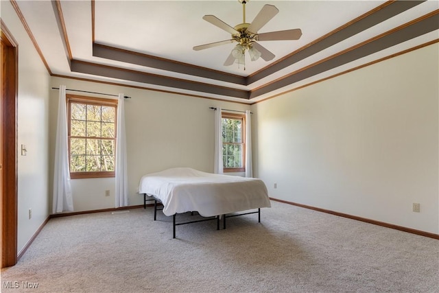 bedroom featuring carpet flooring, baseboards, and a raised ceiling
