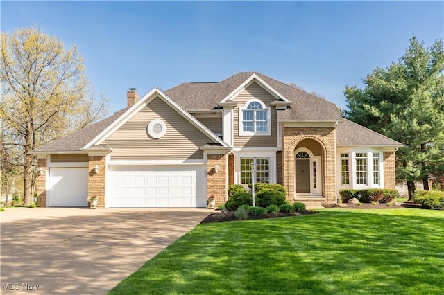 traditional-style home featuring an attached garage, a front lawn, brick siding, a chimney, and driveway