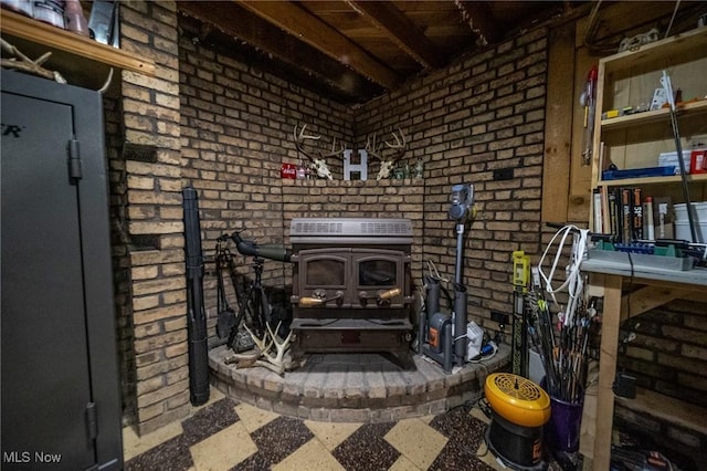 interior details featuring a wood stove