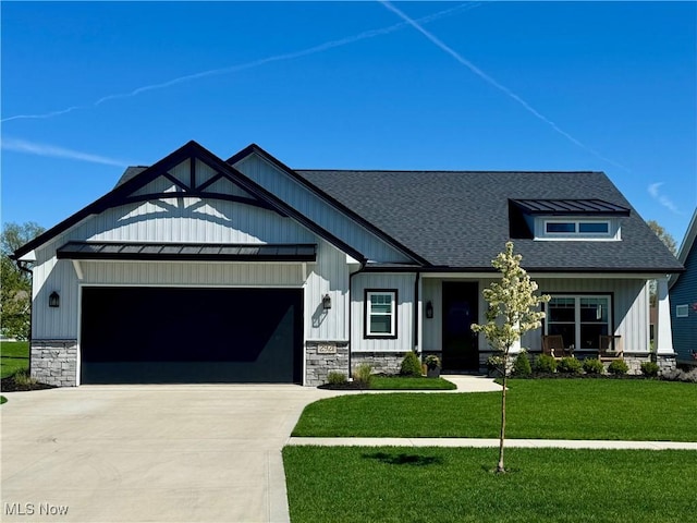 modern inspired farmhouse featuring a garage, roof with shingles, and driveway
