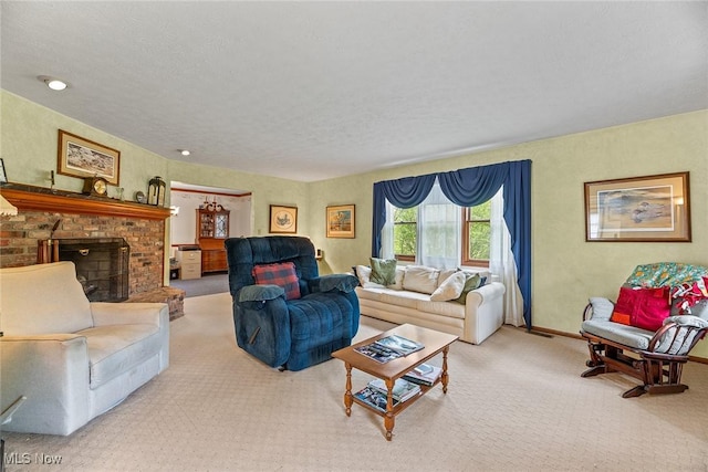 living room featuring baseboards, carpet, and a brick fireplace