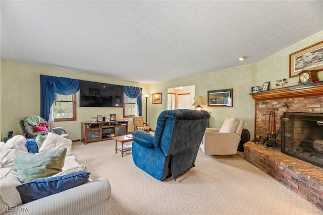 living room with carpet floors, a textured ceiling, and a fireplace