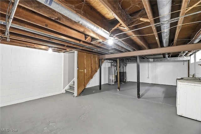 unfinished below grade area with water heater and stairway
