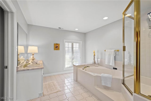 full bath with vanity, recessed lighting, a shower with door, visible vents, and a garden tub