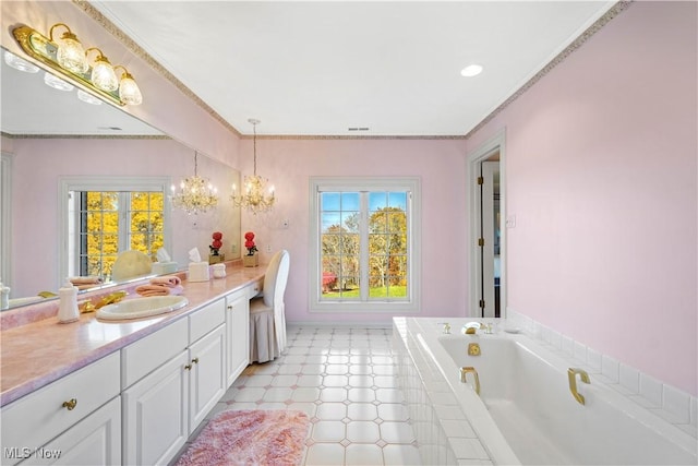 full bathroom with vanity, crown molding, a bath, and a wealth of natural light