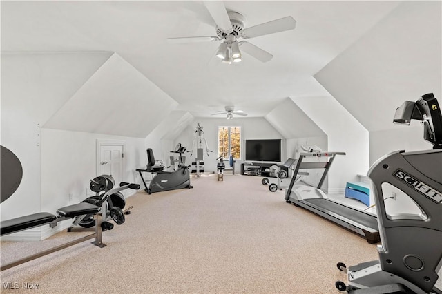 workout room featuring carpet flooring, ceiling fan, baseboards, and lofted ceiling