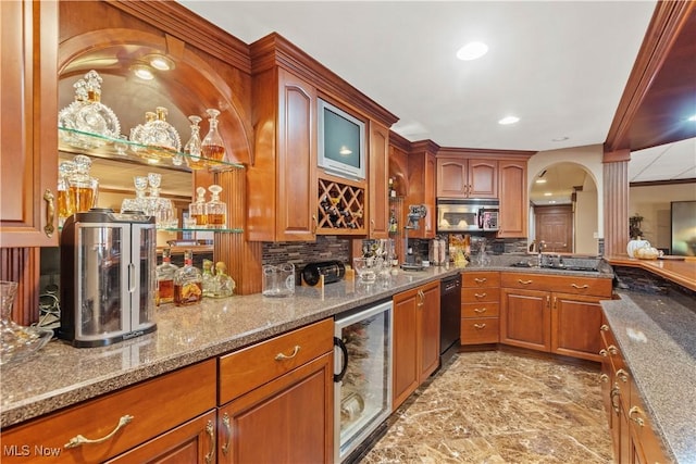 kitchen with wine cooler, black dishwasher, stainless steel microwave, tasteful backsplash, and stone counters