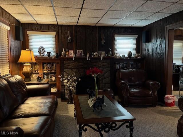 carpeted living room featuring wooden walls