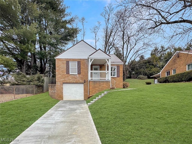 bungalow-style house featuring concrete driveway, brick siding, an attached garage, and a front yard