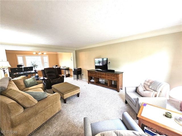 living room with carpet floors and ornamental molding