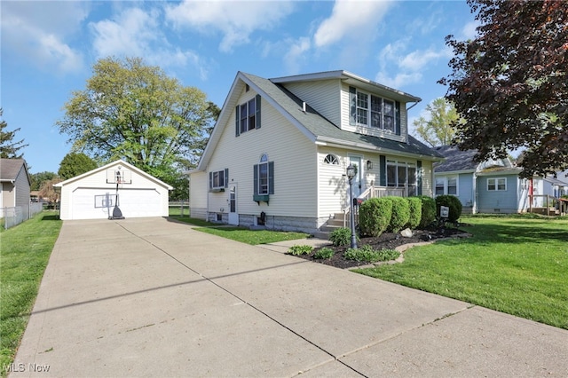 bungalow-style house featuring an outbuilding, a front lawn, and a garage