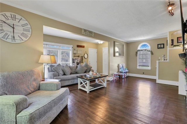 living area featuring baseboards, ornamental molding, and wood finished floors