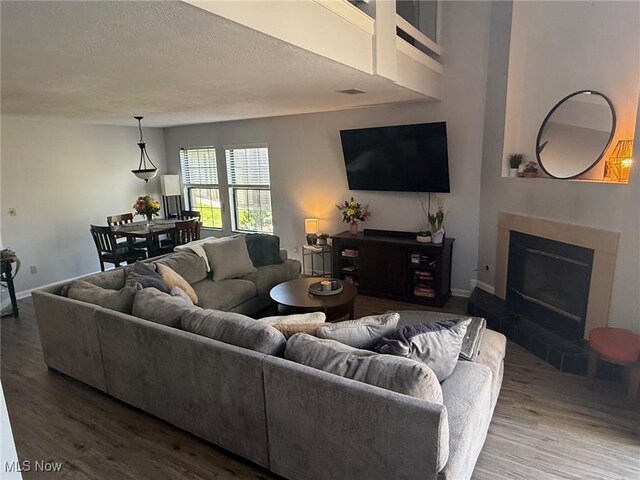 1173 Red Tail Hawk Ct Unit 4, Youngstown, OH 44512 - living room featuring a textured ceiling, baseboards, a glass covered fireplace, and wood finished floors