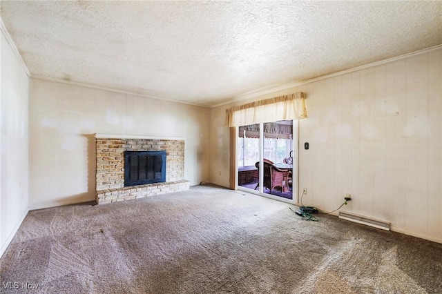 unfurnished living room featuring crown molding, a brick fireplace, a textured ceiling, carpet, and a baseboard radiator