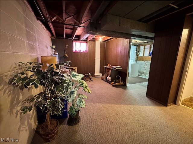 basement with carpet flooring, washer / clothes dryer, and wood walls