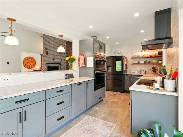 16165 Thompson Rd, Thompson, OH 44086 - kitchen with range hood, black fridge with ice dispenser, decorative backsplash, open shelves, and hanging light fixtures