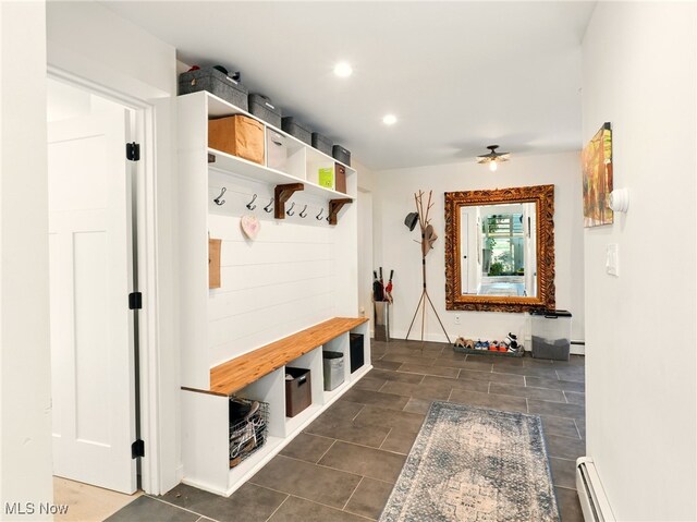 mudroom with a baseboard radiator, a ceiling fan, and recessed lighting