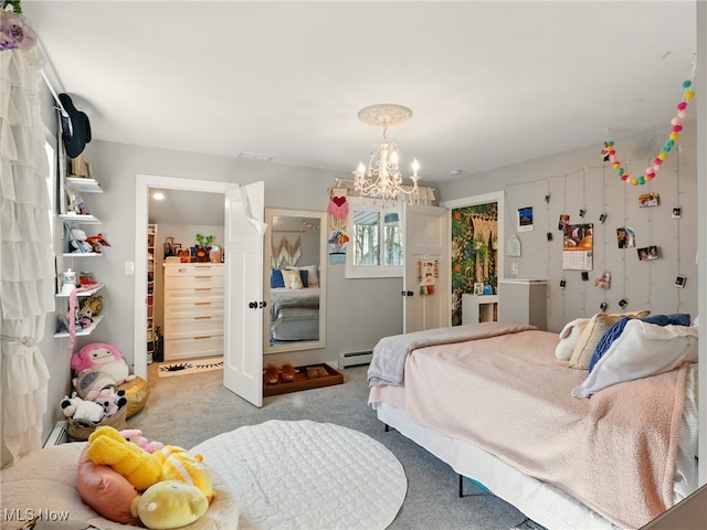 bedroom with carpet floors, visible vents, baseboard heating, and a notable chandelier