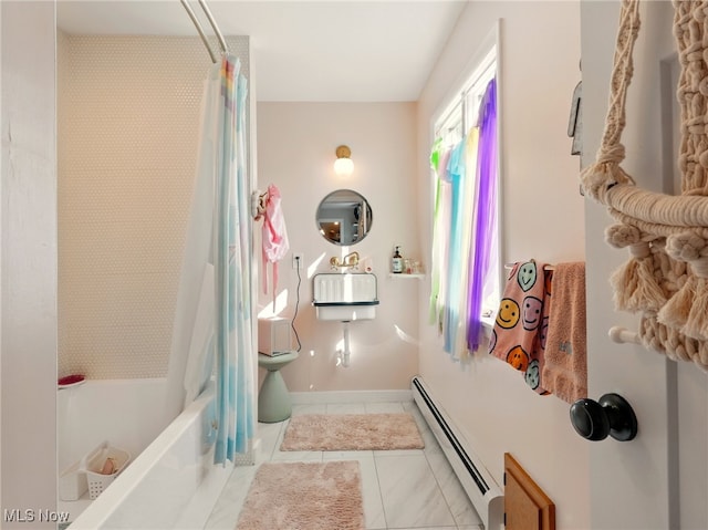 full bath featuring baseboards, a baseboard heating unit, and shower / bathtub combination with curtain