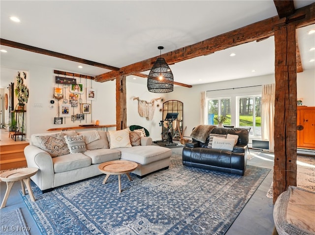 living room with recessed lighting, beam ceiling, finished concrete floors, and a baseboard radiator