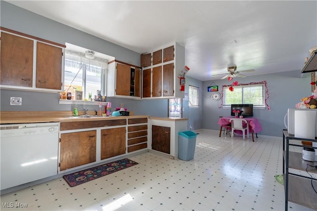 kitchen with white appliances, ceiling fan, a sink, and light floors