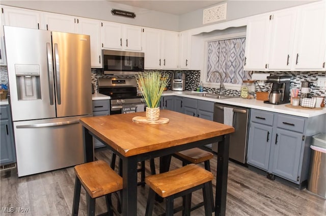 kitchen featuring a sink, appliances with stainless steel finishes, decorative backsplash, and gray cabinets