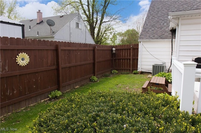 view of yard with central AC and a fenced backyard