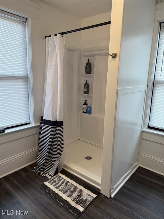 bathroom featuring a shower stall, wood finished floors, and a wealth of natural light