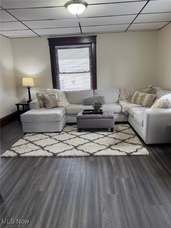 living area with a drop ceiling and wood finished floors
