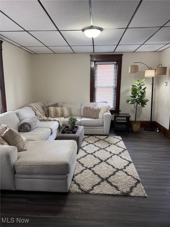 living room featuring baseboards, a drop ceiling, and wood finished floors