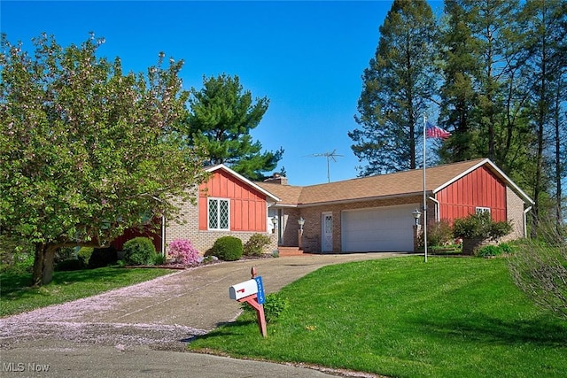 ranch-style house with board and batten siding, a garage, brick siding, a front lawn, and concrete driveway
