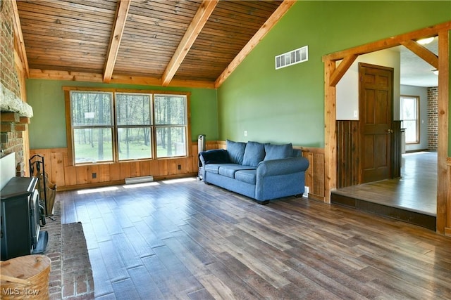 living room with visible vents, wood ceiling, wood finished floors, and a wainscoted wall