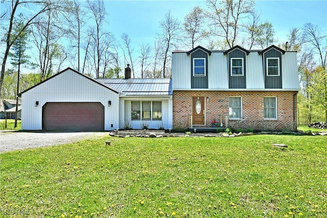 view of front of house featuring a garage, a front lawn, gravel driveway, a chimney, and brick siding