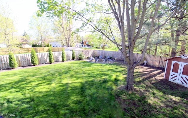 view of yard with a storage unit, a fenced backyard, and an outdoor structure