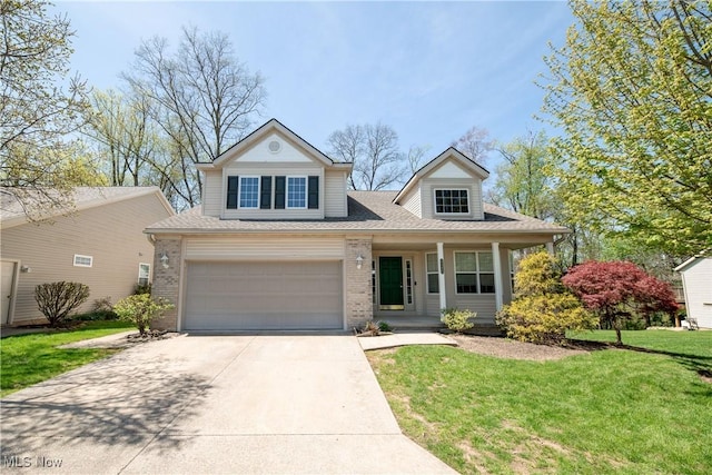 traditional home featuring covered porch, brick siding, a front lawn, concrete driveway, and an attached garage