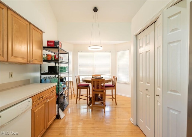 kitchen featuring white dishwasher, light countertops, light wood-style flooring, and decorative light fixtures