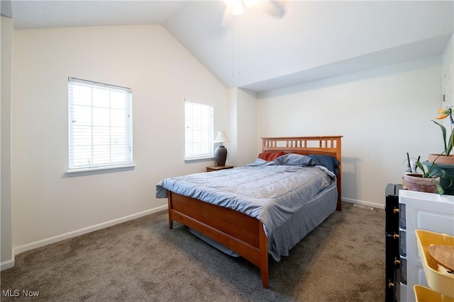 bedroom featuring a ceiling fan, baseboards, vaulted ceiling, and carpet