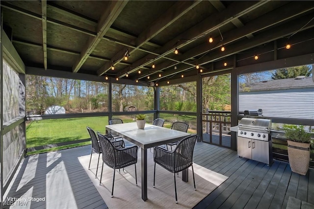 6414 Glenallen Ave, Solon, OH 44139 - wooden deck featuring grilling area, outdoor dining area, and a yard