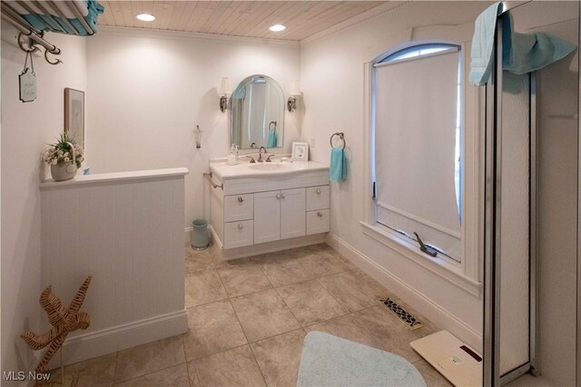 bathroom with tile patterned flooring, visible vents, vanity, recessed lighting, and wooden ceiling