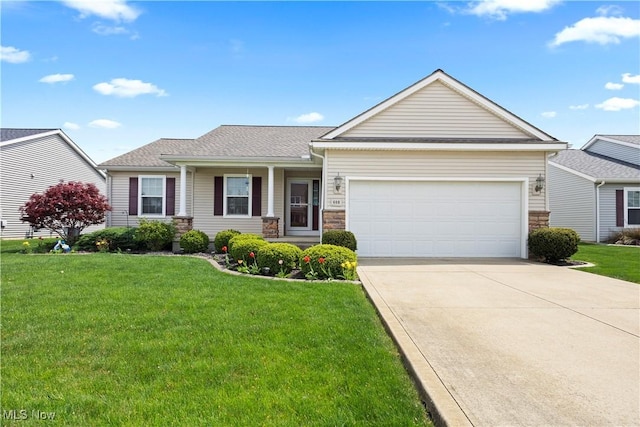 ranch-style house with concrete driveway, an attached garage, stone siding, and a front lawn