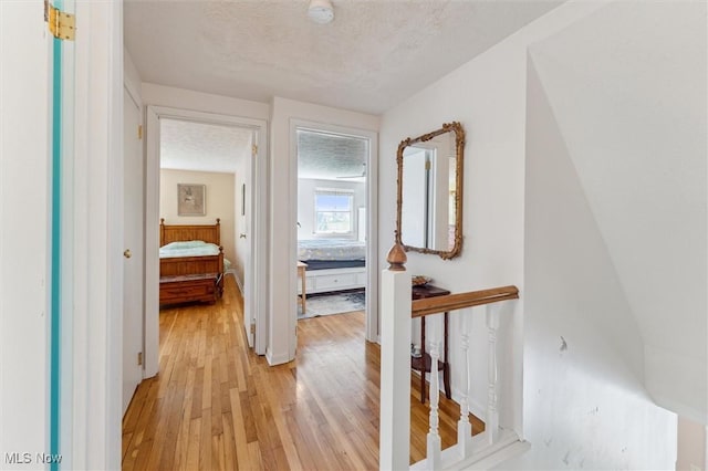 hallway featuring light wood-type flooring and a textured ceiling