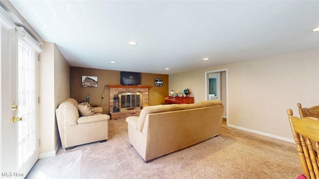 431 Somerset Dr, Chagrin Falls, OH 44022 - living area featuring a brick fireplace, recessed lighting, baseboards, and light colored carpet