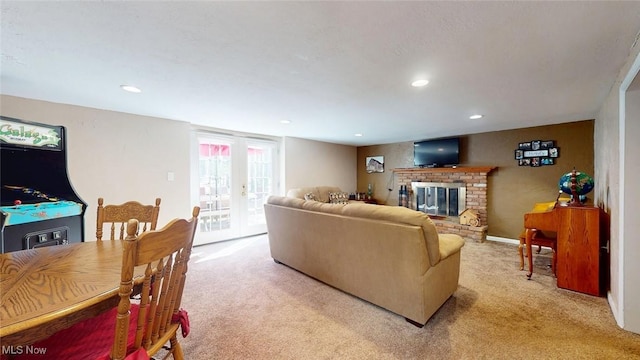 431 Somerset Dr, Chagrin Falls, OH 44022 - living area with light carpet, a brick fireplace, and recessed lighting